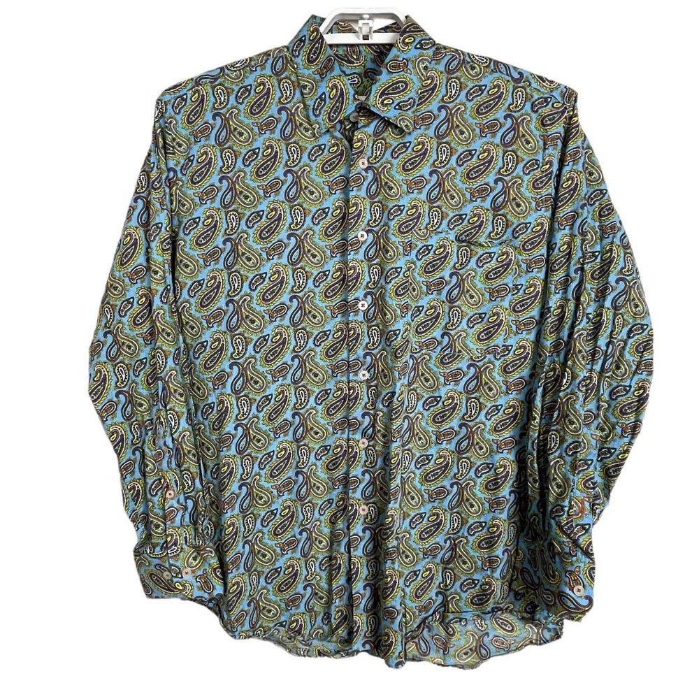 Alan Flusser Men's L Paisley Button Down Shirt Blue‎ Orange Yellow Cotton Preppy